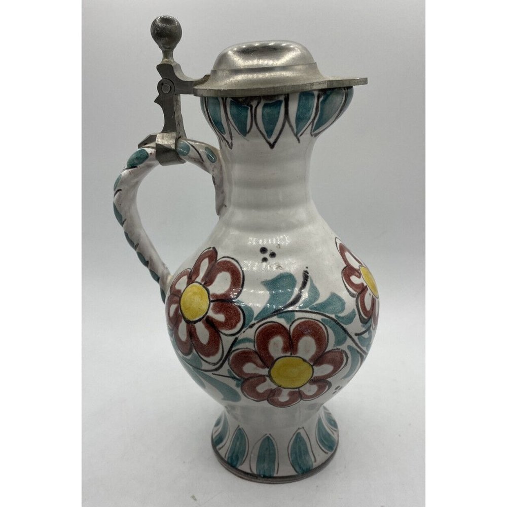 Vintage White Floral Stoneware pitcher with metal lid Stoneware Pitcher 7”